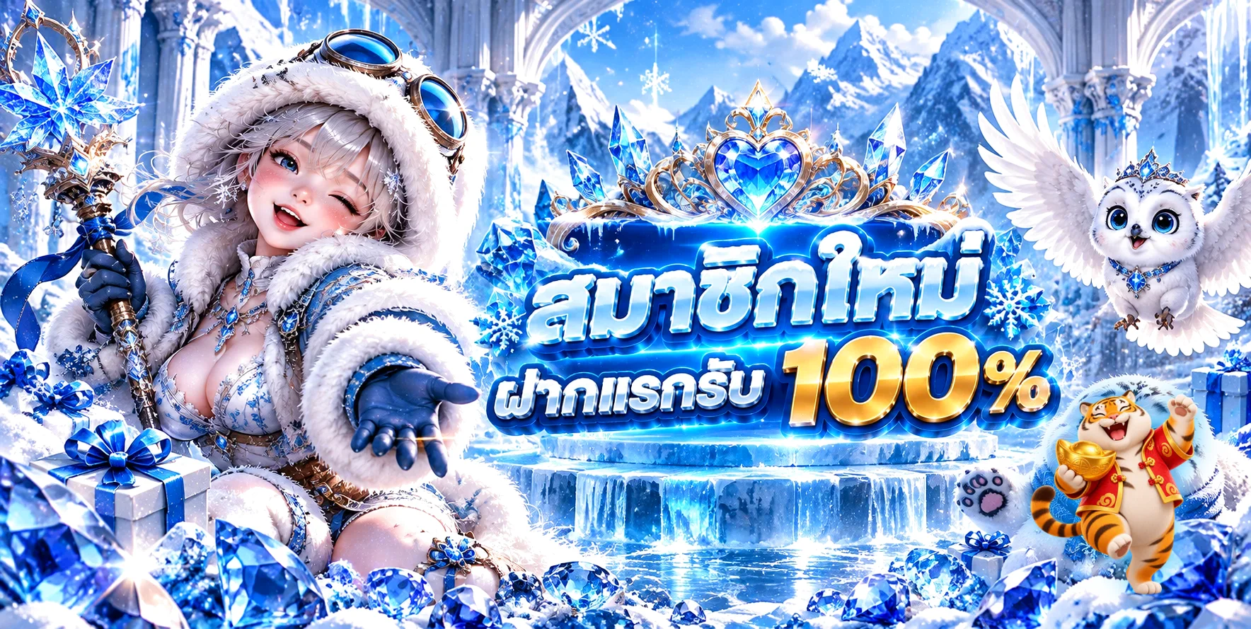 แบนเนอร์ JUMBO168 (จัมโบ168) สล็อตเว็บตรง ฝากถอนออโต้ พร้อมมาสคอตเกมและโทนฟ้าน้ำแข็ง